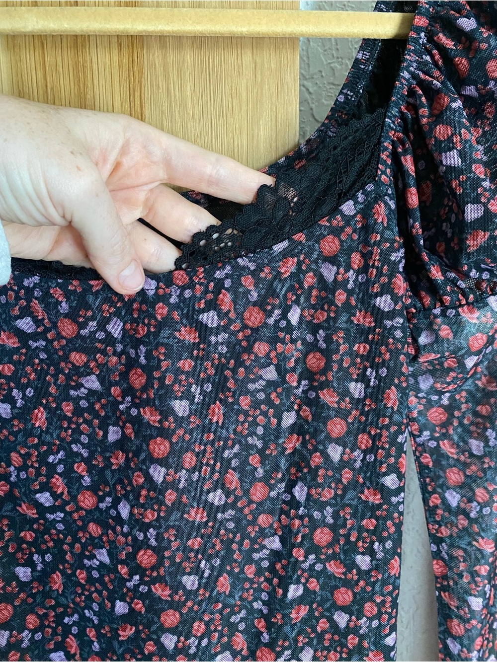 Maeve Black Sheer Long-Sleeve Top with Red Floral Print - Picture 2 of 5